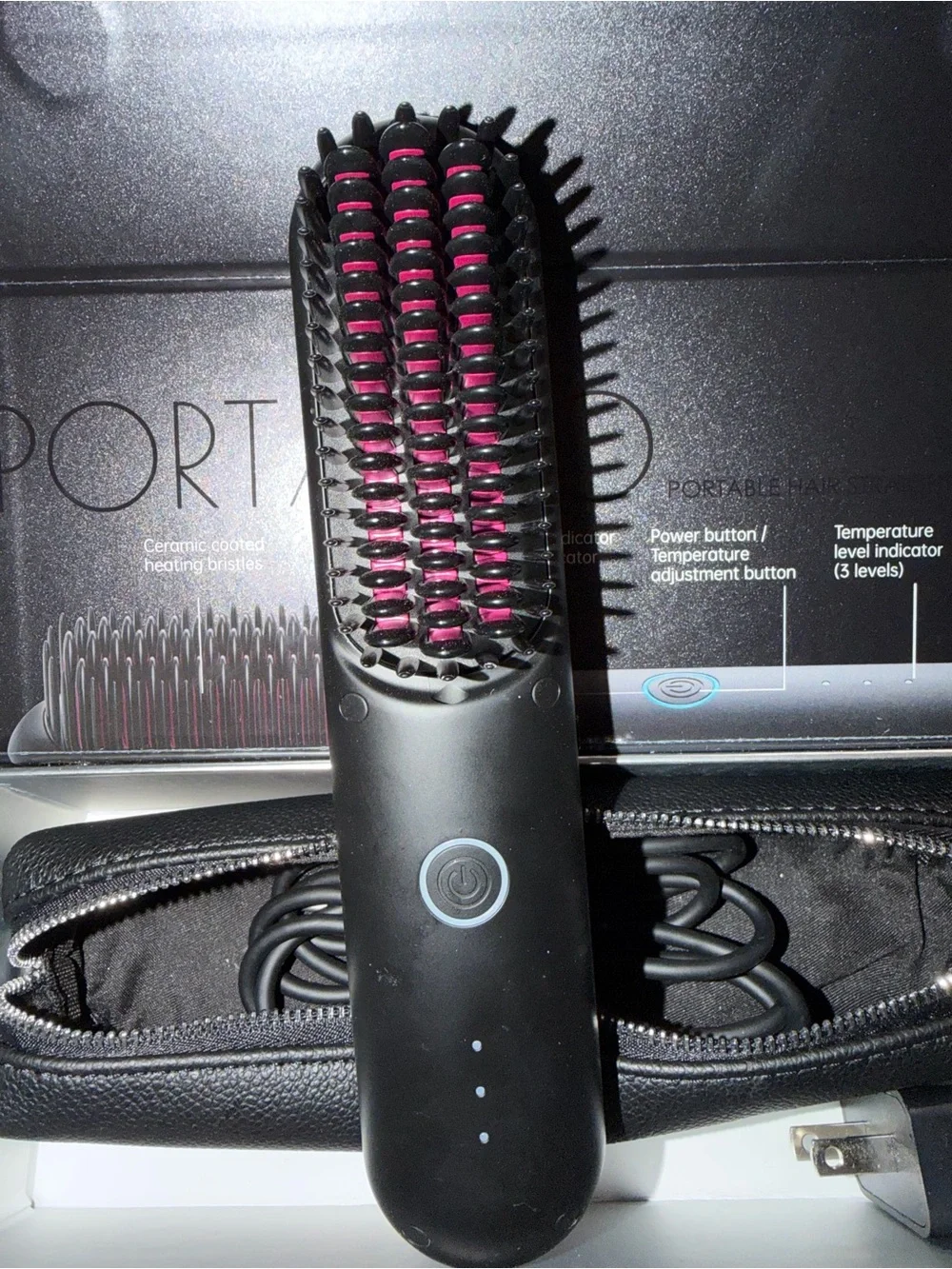 TYMO- Black Electric Hair Straightening Brush with Travel Adapter NEW